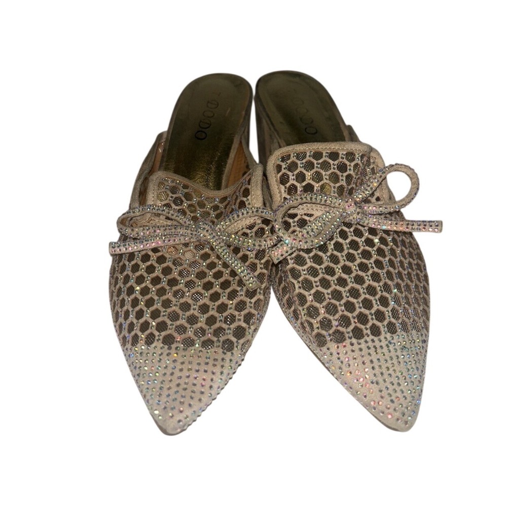 Women Champagne Gold Rhinesto Honeycomb Mesh Bow Pointed Toe Block Heel Mule 8.5